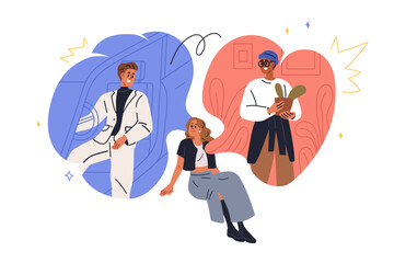 Partner choice, love triangle concept. Woman choosing between two men. Girl picking boyfriend, comparing guys for romantic relationships. Flat vector illustration isolated on white background