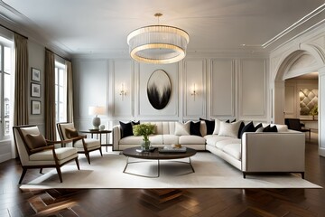 Fototapeta premium Step into the lavish interior of a new luxury home, where a living room exudes an air of refined comfort. Hardwood floors lend an air of timeless elegance to the space, while the seamless flow reveals