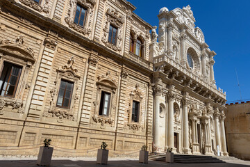 LECCE, ITALY, JULY 12, 2022 - View of the Basilica of Holy Cross (Santa Croce) in the historic center of Lecce, Puglia, Italy