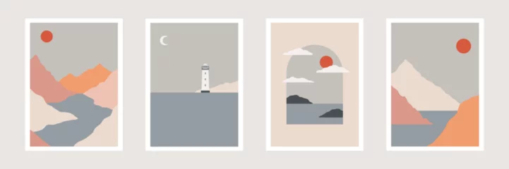Rolgordijnen retro abstract sea landscape prints, nature posters, minimalist mountain landscape wall art, lighthouse, vector illustration © Yana