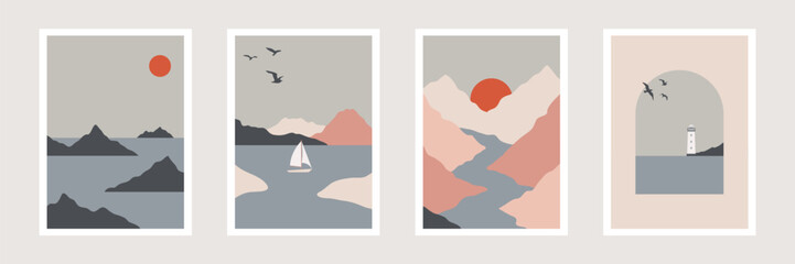 retro abstract sea landscape prints, nature posters, minimalist mountain landscape wall art, boat, lighthouse, vector illustration