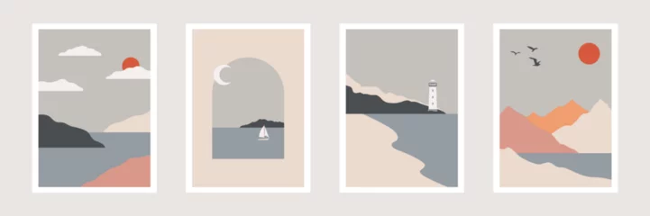 Stof per meter retro abstract sea landscape prints, nature posters, minimalist mountain landscape wall art, boat, lighthouse, vector illustration © Yana