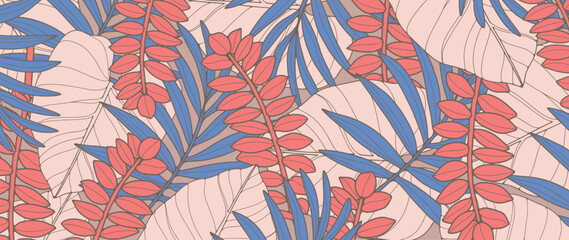 Botanical background with tropical plants in blue-pink colors. Tropical background for decor, covers, cards and presentations, wallpapers