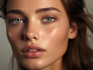 Close-up of a beautiful dewy fresh skin Caucasian woman in her 20s, looking at the camera, the model has long brown hair, professional lighting shot on the studio background