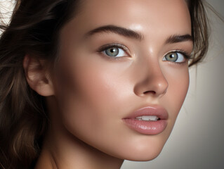 Close-up of a beautiful dewy fresh skin Caucasian woman in her 20s, looking at the camera, the model has long brown hair, professional lighting shot on the studio background