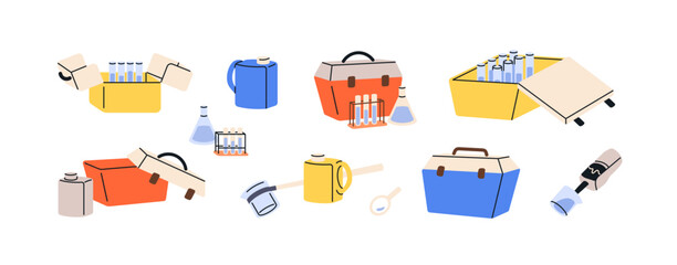 Laboratory equipment set. Chemical lab boxes, cases, science test tools, glass tubes, flasks. Scientific appliances, stuff for sampling. Flat graphic vector illustrations isolated on white background © Good Studio
