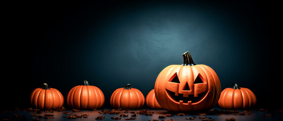 Halloween pumpkins on dark background with copy space. Halloween concept.