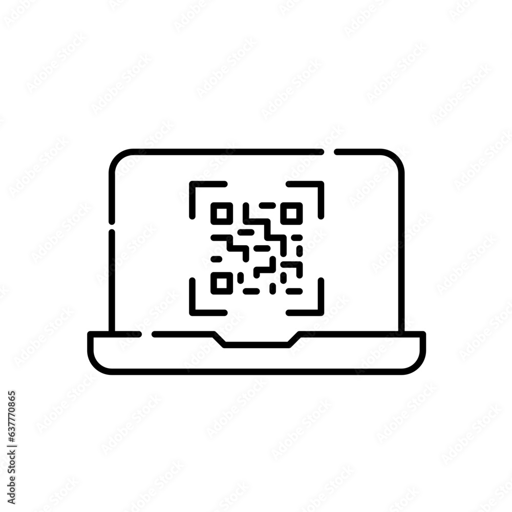 Poster qr code on laptop. scan to access information. pixel perfect, editable stroke icon