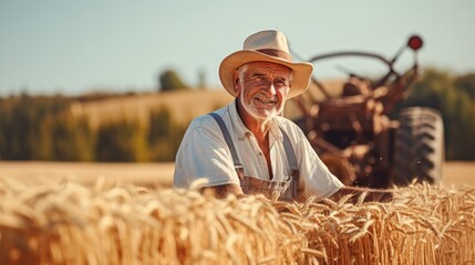 Old farmer mowing wheat in the field smiling