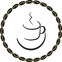 Coffee shop logo - cofee beans frame and a cup. Vector illustration isolated