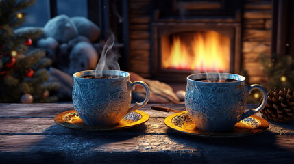 Fototapeta premium Christmas, two cups of tea on the table, the fireplace is lit. 