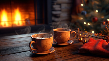 Christmas, two cups of tea on the table, the fireplace is lit. 