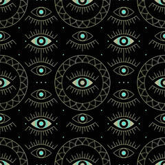 Seamless pattern with golden evil eyes. Vector illustration on black background.