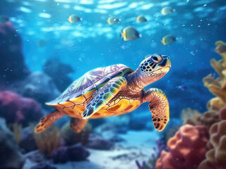 Fototapeta premium Cute sea little turtle swimming in the underwater