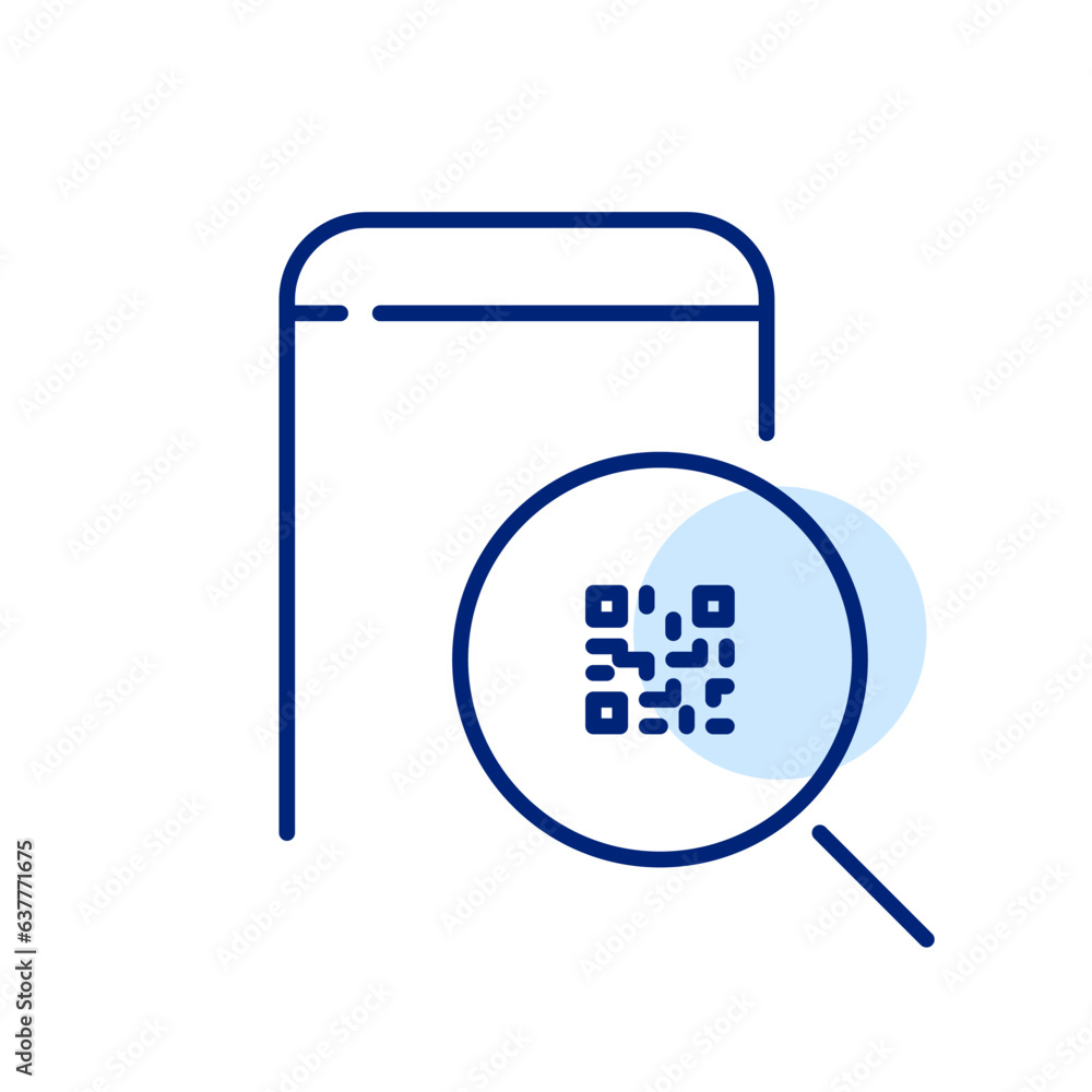 Poster scan qr-code on smartphone with magnifying glass. pixel perfect, editable stroke icon