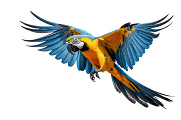 Colored Macaw in Flight Isolated on Transparent Background - Generative AI