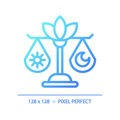 2D pixel perfect blue gradient day and night balance icon, isolated vector, meditation thin line illustration.