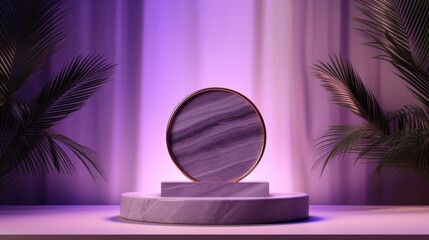 The round marble podium product displays a violet abstract background
