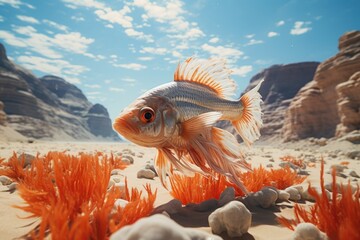 Surrealism fish is swimming in the desert with no water around. Generative AI.