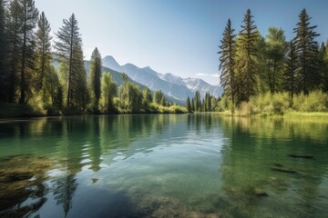 A serene lake nestled among majestic mountains and lush green trees