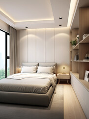 European minimalist style bedroom, platform bed is by the window. Generative AI.