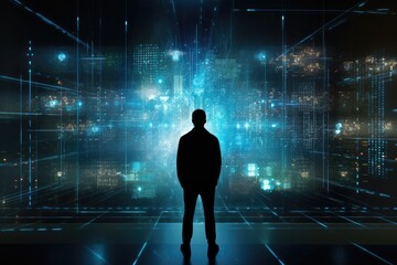 Silhouette of a man in front of a futuristic technological background, A silhouette of a person standing in front of a giant digital screen showing hologram of data flows, AI Generated