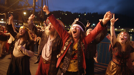 Group of local of the dressed in pirate costumes American city of Albany in Oregon celebrate...