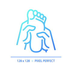 2D pixel perfect blue gradient foot massage icon, isolated vector, thin line illustration.