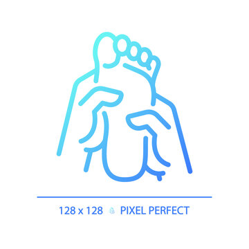 2D pixel perfect blue gradient foot massage icon, isolated vector, thin line illustration.