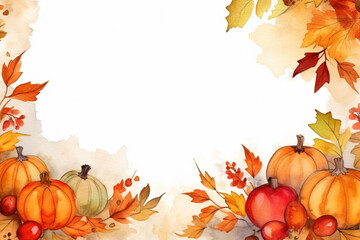 Naklejka na ściany i meble Festive watercolor Thanksgiving or Halloween background with leaves and pumpkins. Generative AI