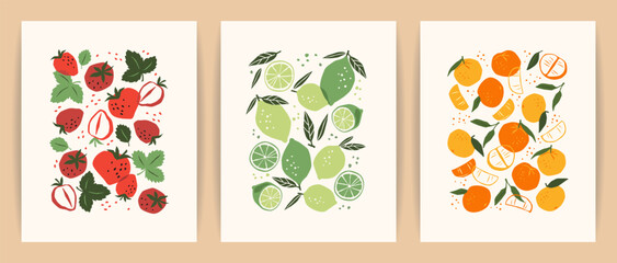 Set of art prints. Abstract fruits. Modern design for posters, cards, cover, t shirt and other
