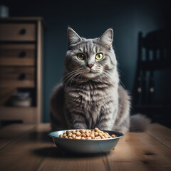 A gray  cat is sitting, there is a bowl of food in front of him. 
