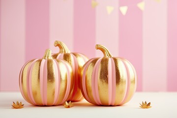 Halloween pumpkins decoration with pastel colors stripes in gold colour on the pumpkin