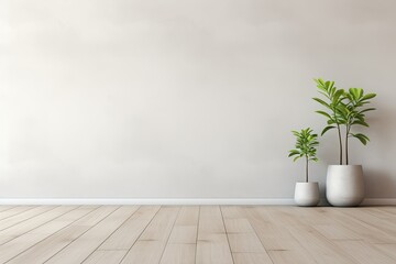 3D Rendered Space Empty Room with Plants on White Plastered Wall and Flooring