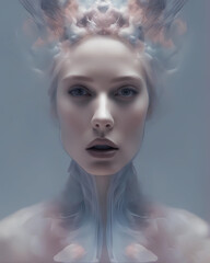 surreal fashion portrait that blends contemporary art snd futuristic flower design