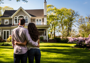 Obraz premium Happy couple standing in front of their new home. Concept of real estate, house ownership and starting a new life together.