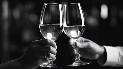 シャンパンでの乾杯、 スパークリングワインが注がれたワイングラスと手のアップ