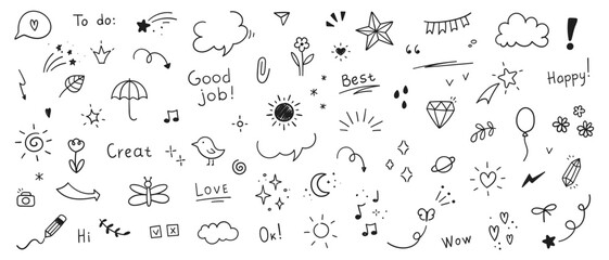 Cute Doodle pen line elements. Heart, bubble, doodle, arrow, star, icon, shiny ornaments set. Simple drawing in line style sketch, attention, lettering, text, pattern elements. 