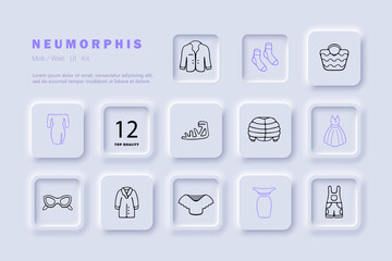 Clothing line icon. Down jacket, jacket, glasses, sandals, coat, dress, jumpsuit. Neomorphism style. Vector line icon for Business