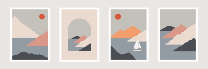 retro abstract sea landscape prints, nature posters, minimalist mountain landscape wall art, boat, vector illustration
