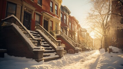 A row of townhouses in the snow, city view in the winter