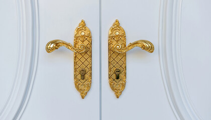 Close up of double antique golden plated door handle on the white door