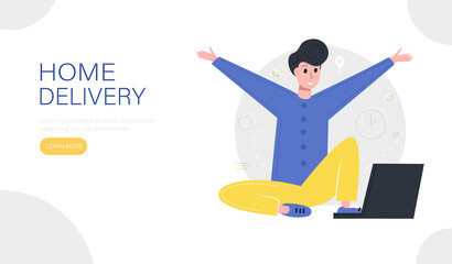 Landing page template. The man is shopping from home.