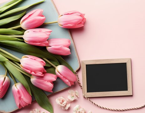 Spring season still life with pink tulips and Happy Mother's day text on letter board top view, Generative AI
