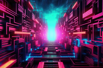 Illustration of Abstract Neon Wallpaper design for Backround, pattern with digital Waves. generative ai