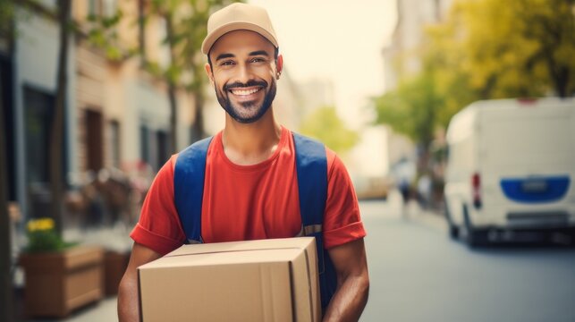 Delivery man holding parcel box and looking at camera against blurred street background.