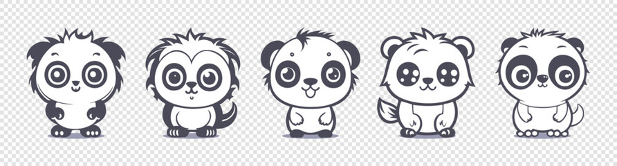 Vector set of simple monochrome cartoon cute little baby animals. Stickers or icons. Nice pets. Isolated background.