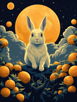 Bunny rabbit sitting in an orange field under the moon, Chinese new year mid autumn poster