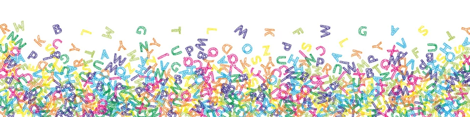 Fotobehang Falling letters of English language. Colorful sketch flying words of Latin alphabet. Foreign languages study concept. Exquisite back to school banner on white background. © Begin Again