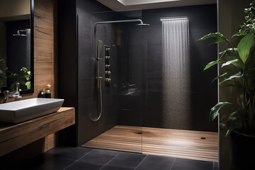  A sleek modern bathroom design emphasizes a calming rainfall shower and warm wooden elements, blending nature and innovation